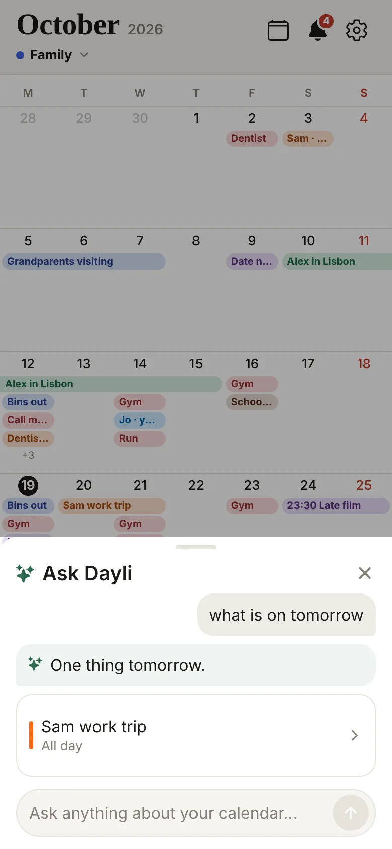 Ask Dayli answering what is on tomorrow