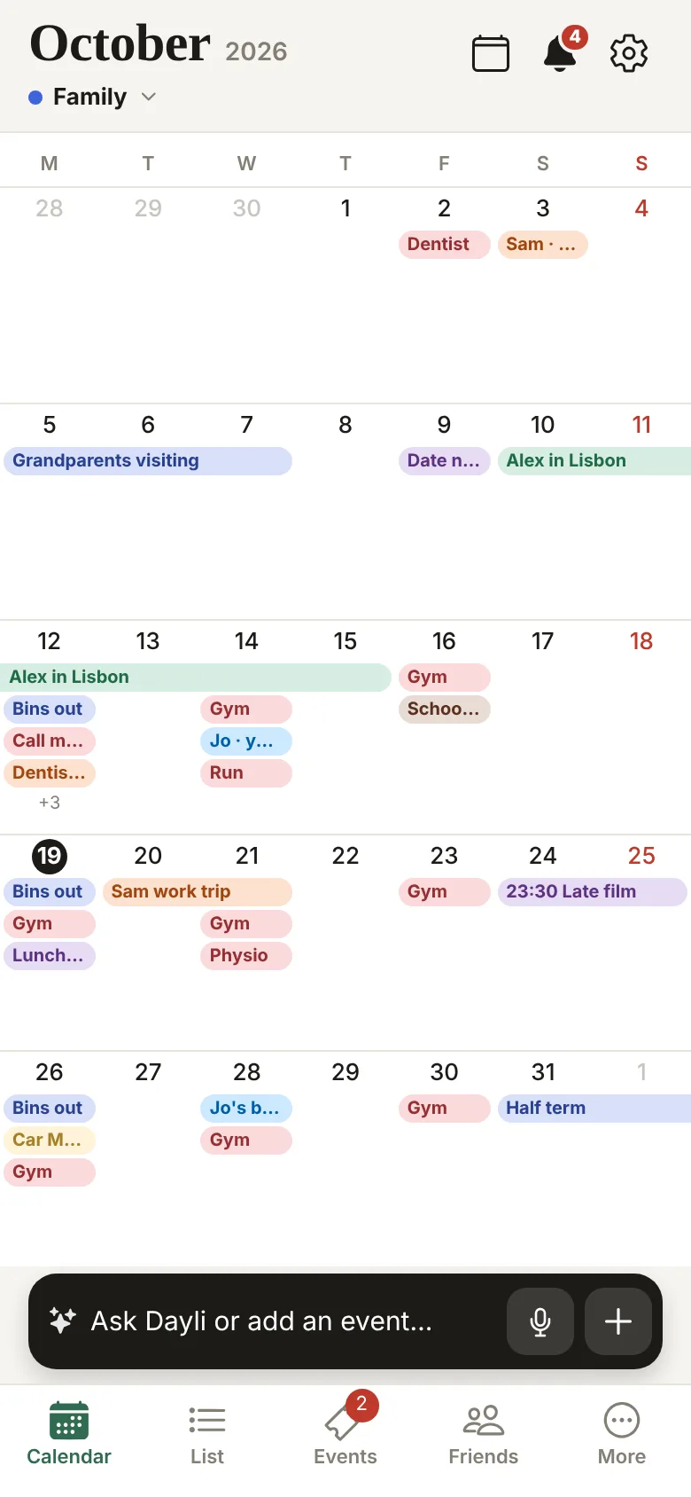 Dayli month view with a family's shared events