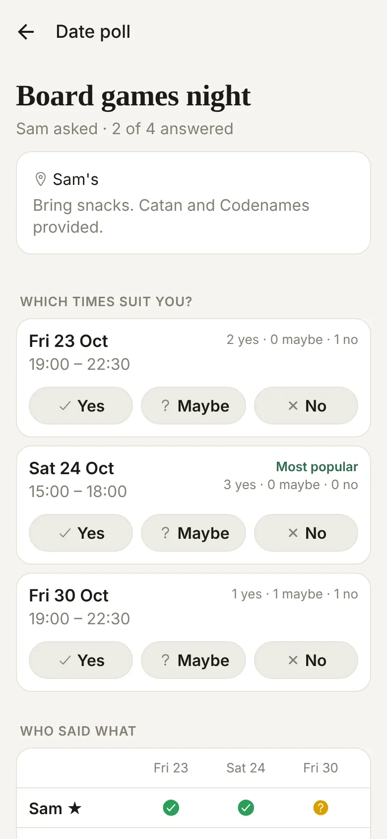 A date poll with answers